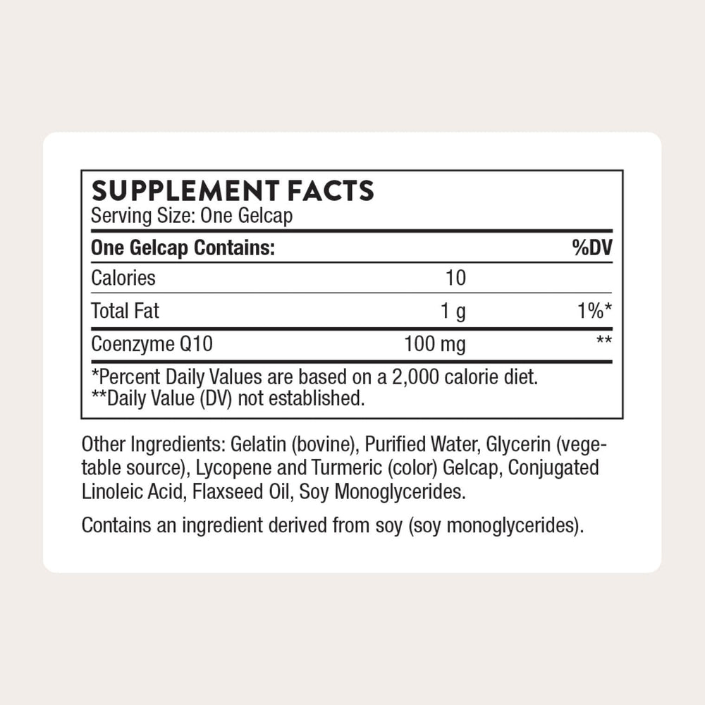 THORNE CoQ10, base de aceite de soja, experiencia suave y rápida de absorción.