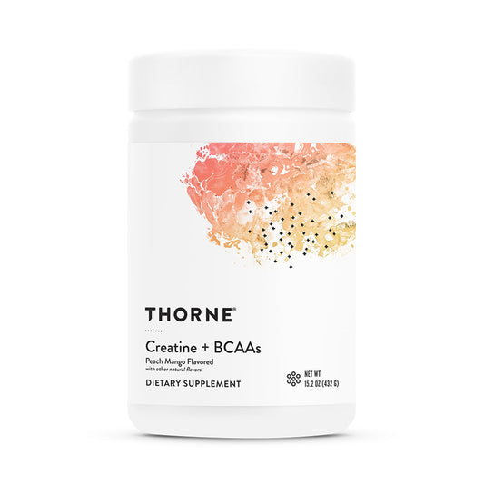 THORNE Creatine + BCAAs peach mango bottle for energy during workouts