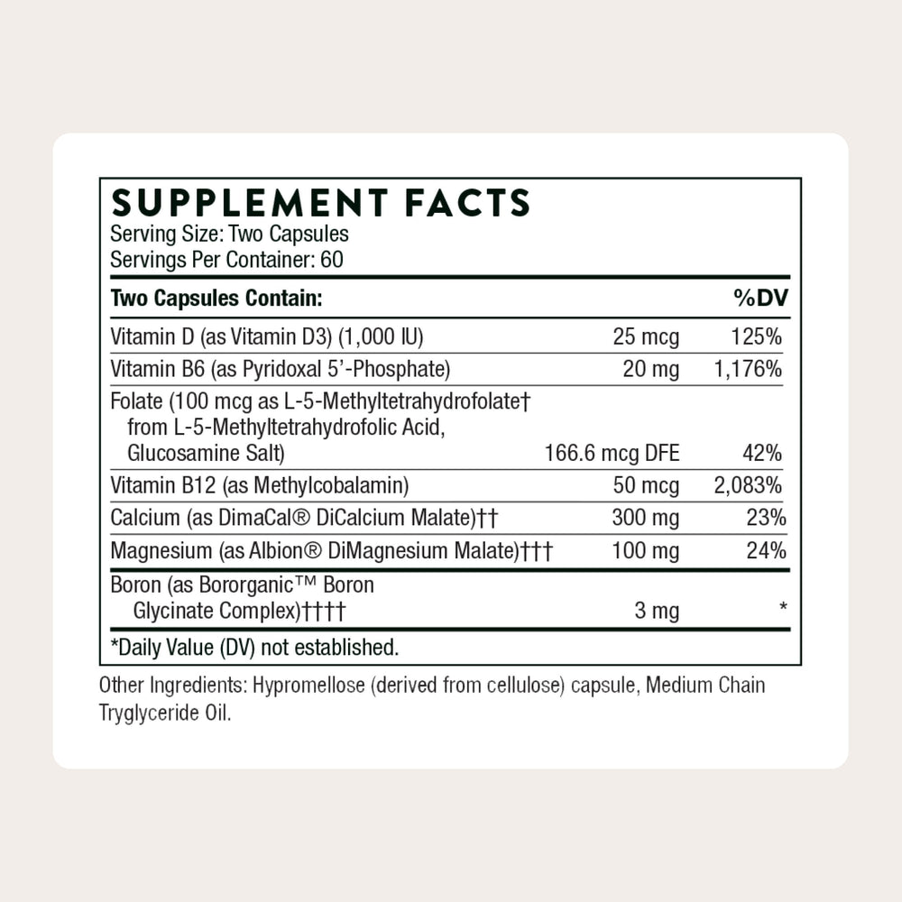 THORNE detalle de la etiqueta con lista de ingredientes y trazabilidad clara