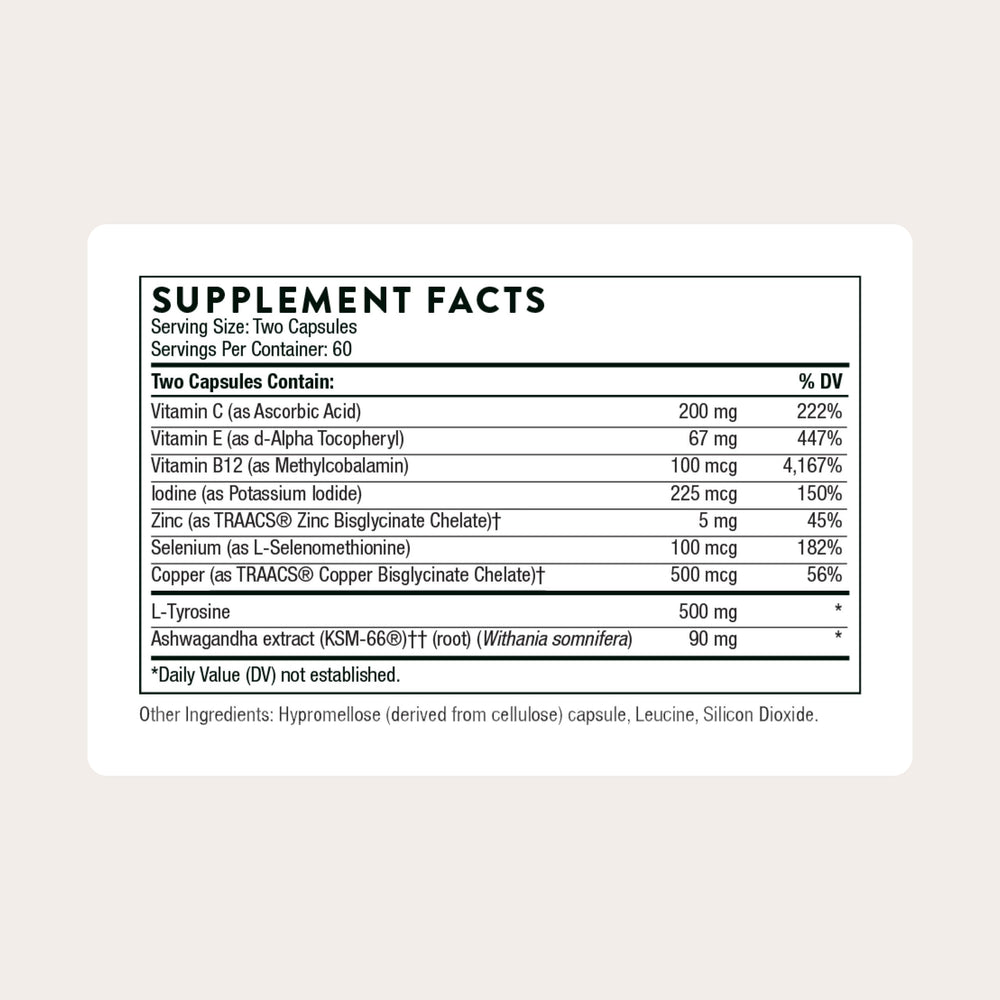 THORNE etiqueta nutricional con ingredientes clave para transparencia