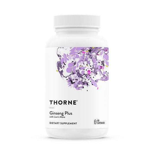 THORNE Ginseng Plus, botella con cápsulas para enfoque sostenido.