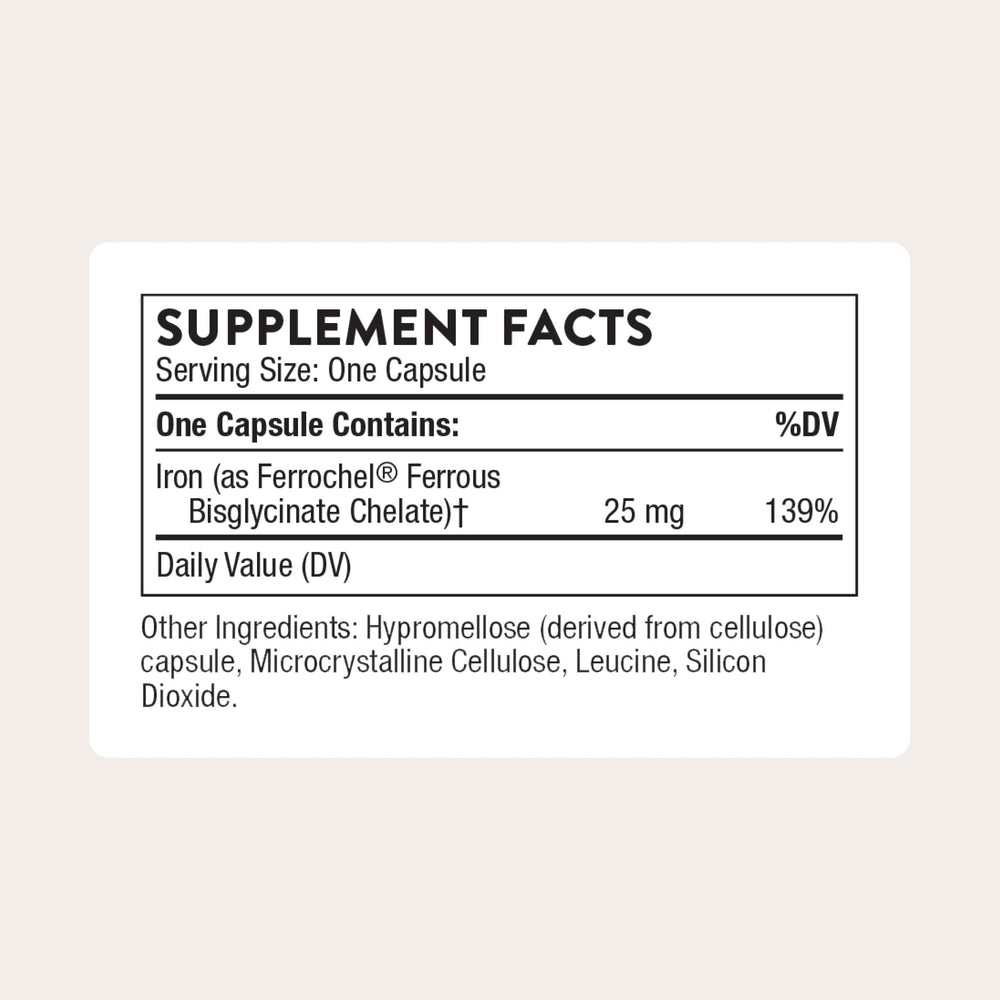 Cápsula THORNE Hierro Bisglicinato para ingesta suave.