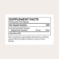 Cápsula THORNE Hierro Bisglicinato para ingesta suave.