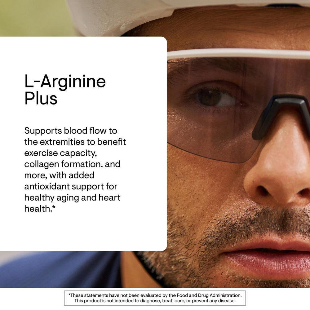 THORNE L-arginina avanzada, etiqueta frontal, guía de uso segura y clara.