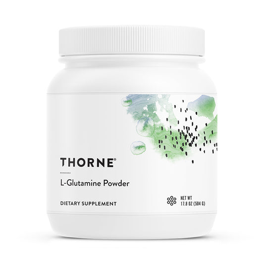 THORNE L-Glutamina en polvo en bote para apoyo muscular y salud intestinal.