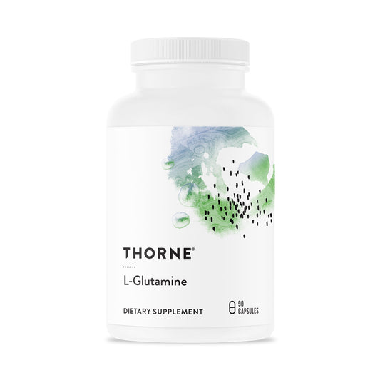 THORNE L-Glutamina, botella frontal, apoyo para salud intestinal y recuperación muscular tras el entrenamiento.