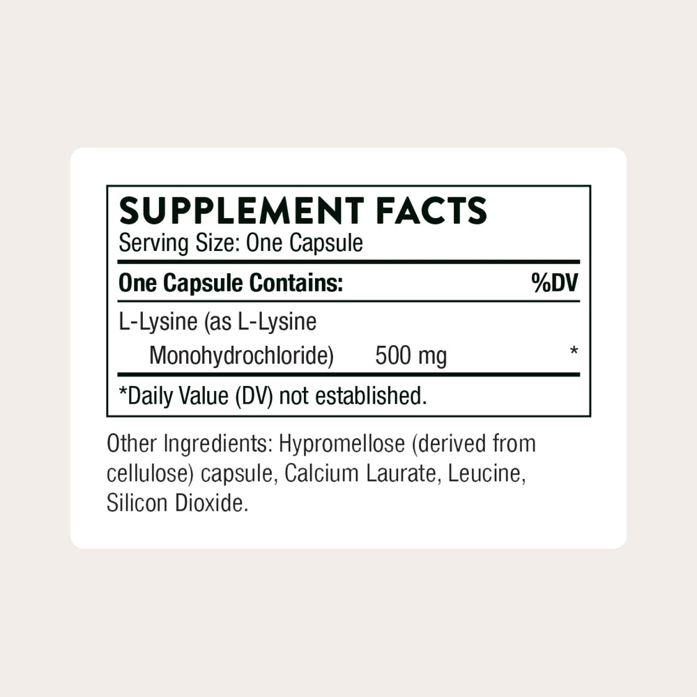 THORNE Lysine bottle back label shows servings and certification.