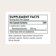 THORNE Lysine bottle back label shows servings and certification.