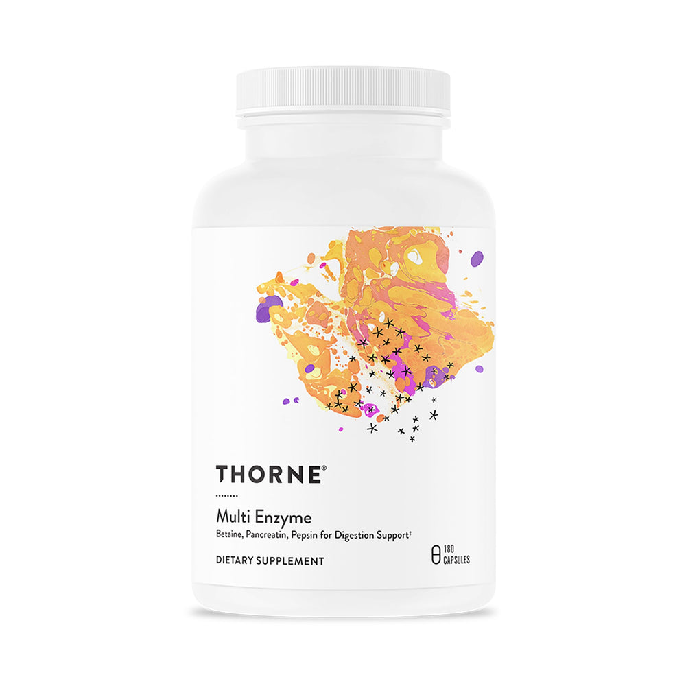 THORNE Multi Enzyme: botella de cápsulas para apoyar la digestión normal.