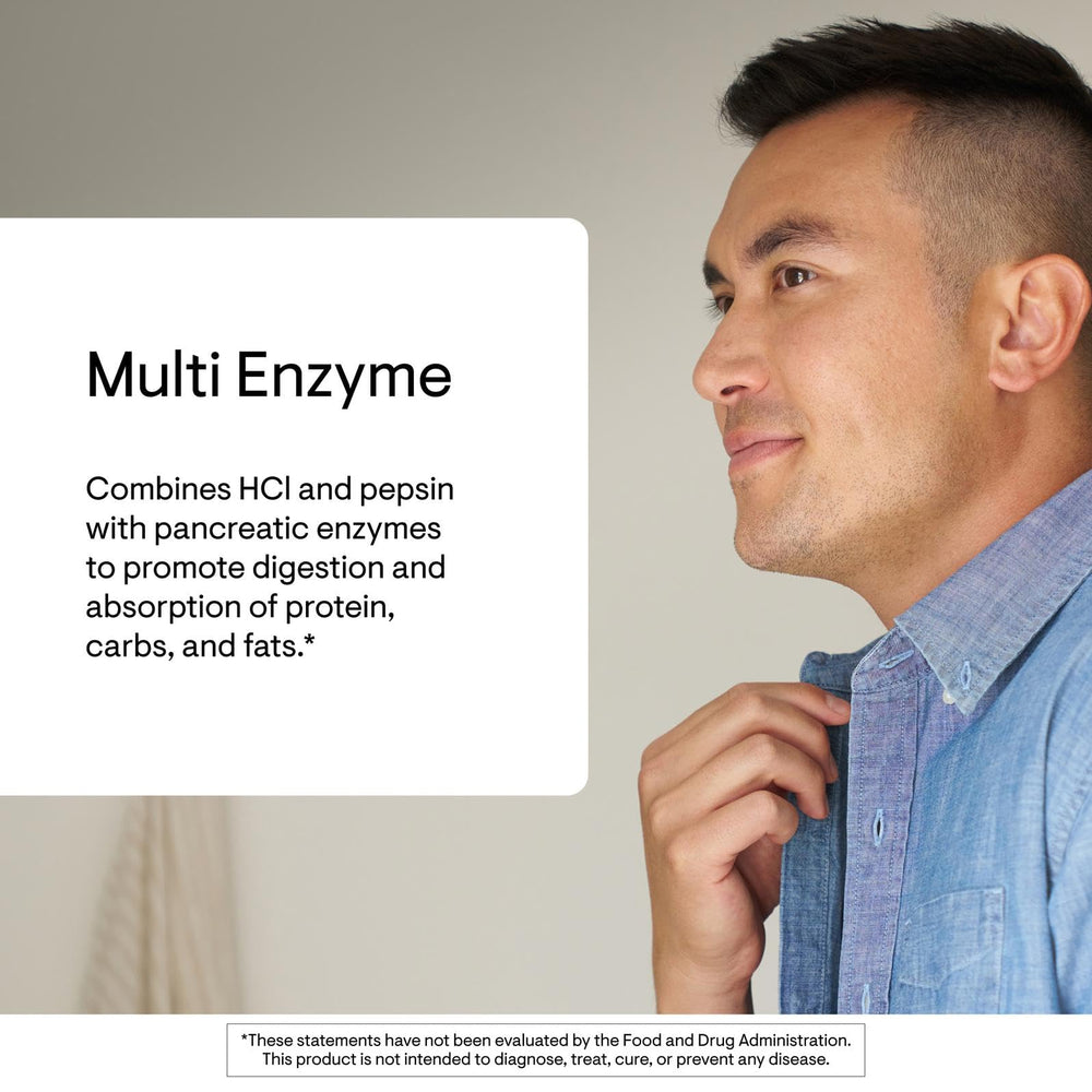 THORNE Multi Enzyme: etiqueta con composición para vista clara de los ingredientes clave.