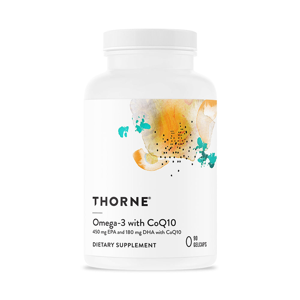 THORNE Omega-3 CoQ10: botella destacada para energía diaria y bienestar general.