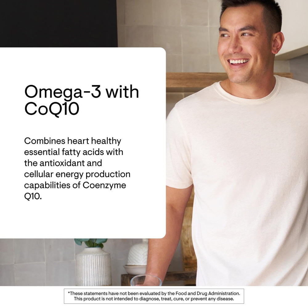 THORNE Omega-3 CoQ10: etiqueta clara que resalta calidad y procedencia sostenible.