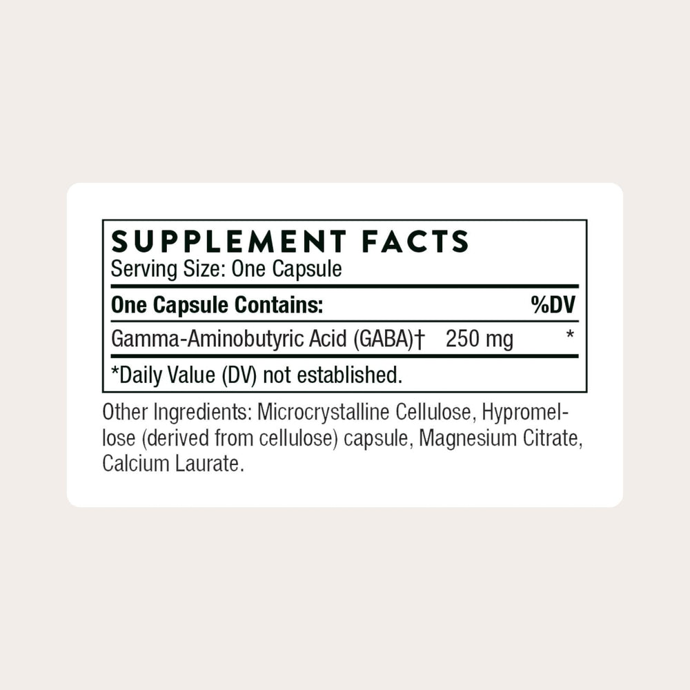 THORNE PharmaGABA-250, bote lateral: práctica de uso diario para calma mental.