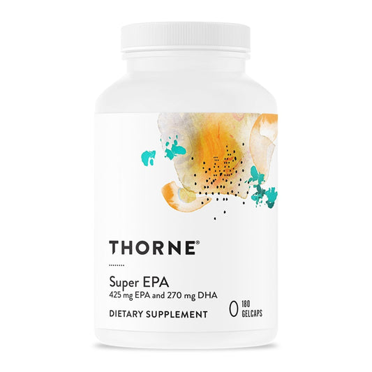 Thorne Super EPA bottle front with omega-3 formula for daily wellness.