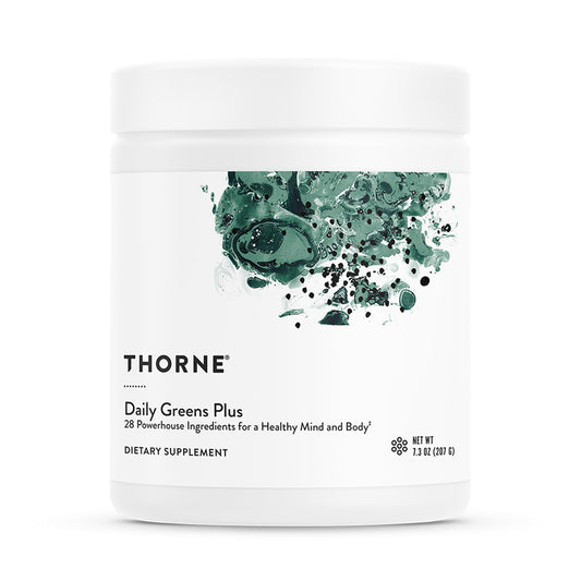 THORNE Verdes Diarios Plus en envase y etiqueta para nutrición diaria equilibrada