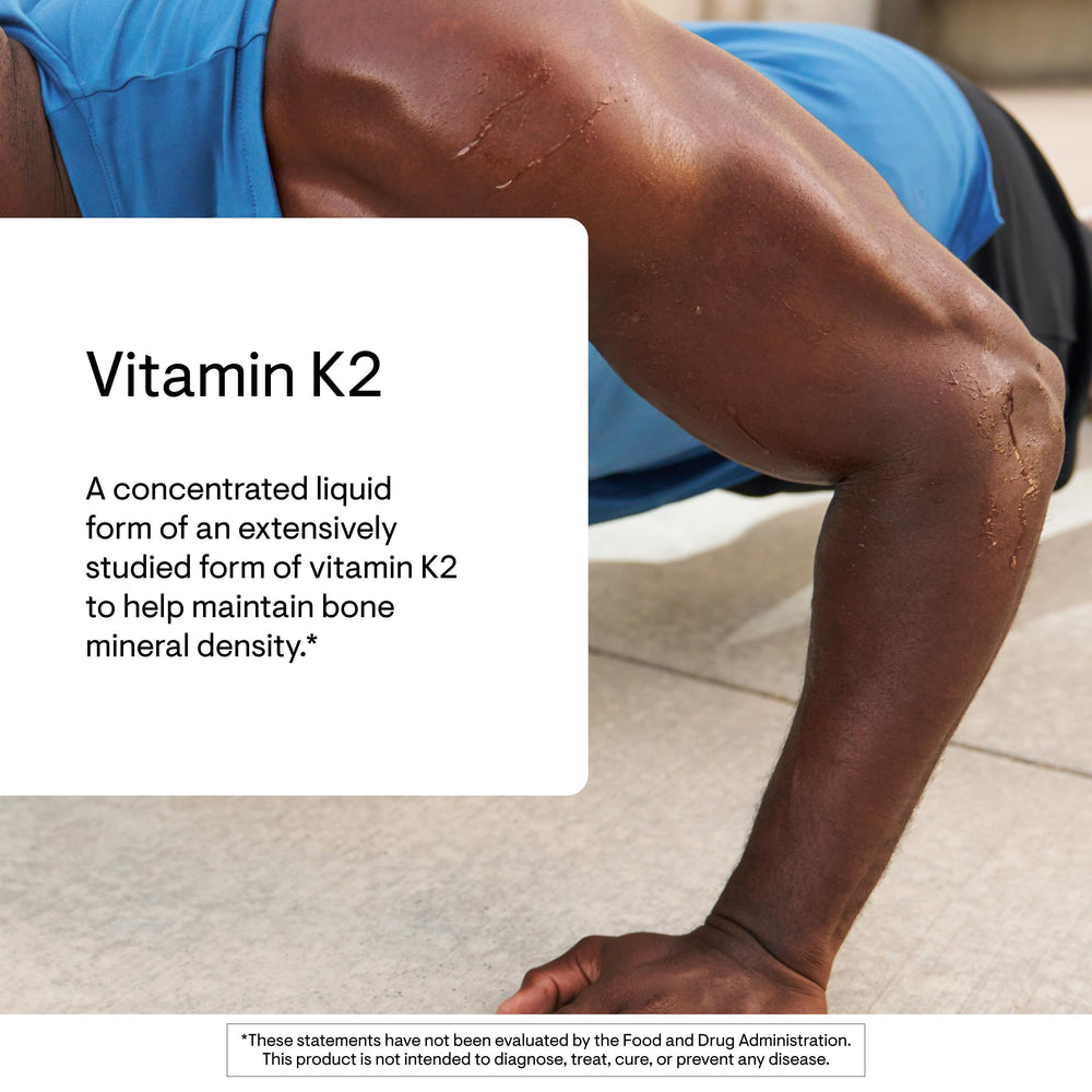 THORNE Vitamina K2 Líquido: etiqueta legible que destaca pureza y origen