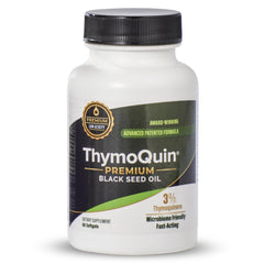 ThymoQuin frasco frontal mostrando 60 softgels y beneficio de conveniencia