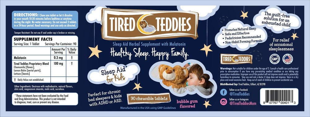 Tired Teddies etiqueta con ingredientes y certificación GMP, seguridad visible