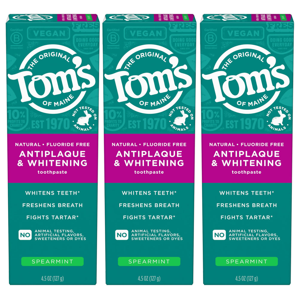 Tom's of Maine frontal del paquete mostrando beneficio antiplaque y blanqueador