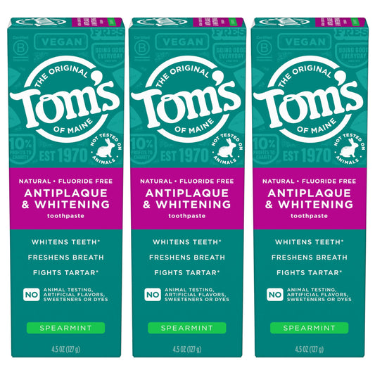 Tom's of Maine frontal del paquete mostrando beneficio antiplaque y blanqueador