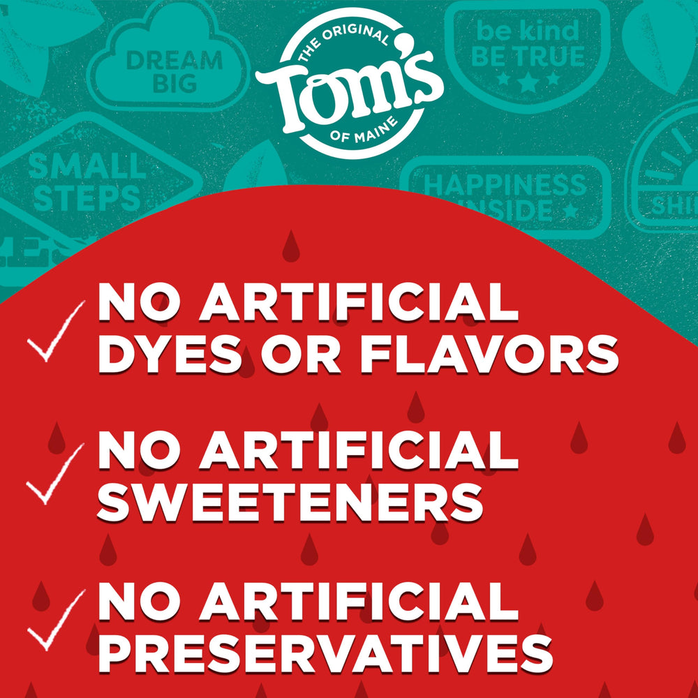 Tom's of Maine instrucciones de reciclaje visibles en el envase, apoyo ambiental