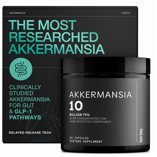 Toniiq Akkermansia Probiotico: bote con 10 mil millones TFU para salud intestinal.
