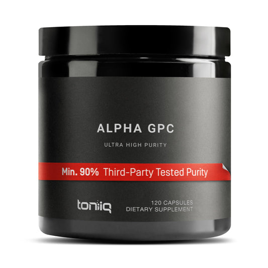 Toniiq Alpha GPC frente del producto, posible apoyo al enfoque