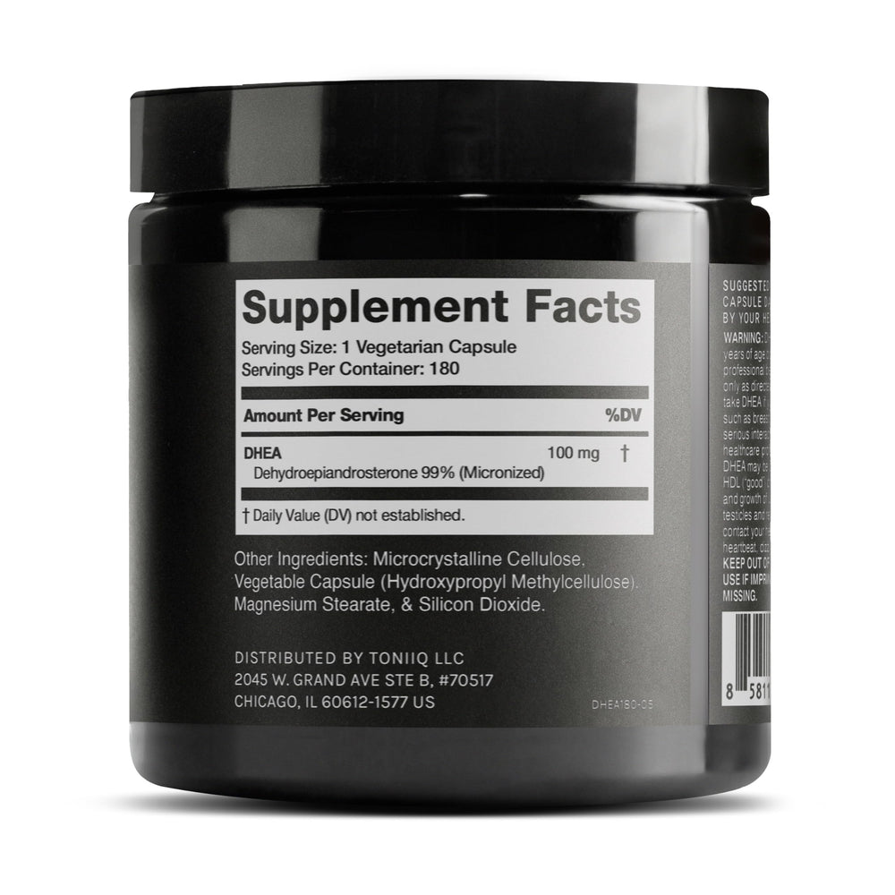 Toniiq DHEA 100 mg, etiqueta trasera, garantía de calidad y pureza.