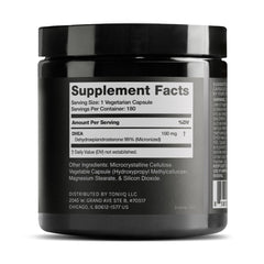 Toniiq DHEA 100 mg, etiqueta trasera, garantía de calidad y pureza.