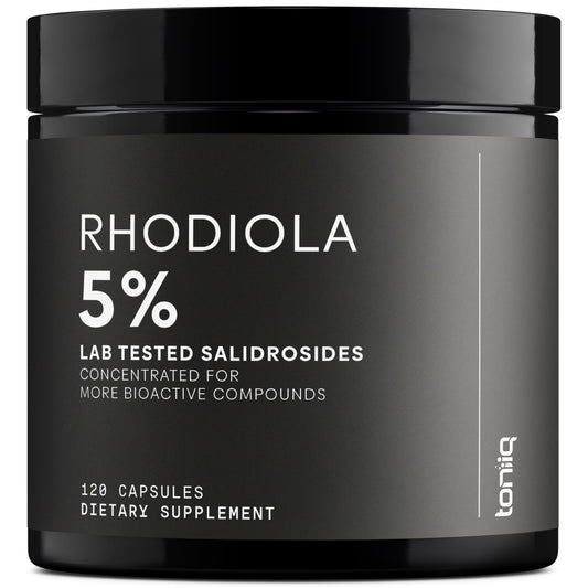 Toniiq frasco frontal de Rhodiola 600 mg mostrando etiqueta clara y confianza