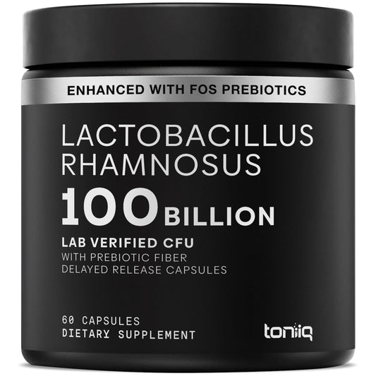 Toniiq Lactobacillus Rhamnosus con cápsulas de liberación retardada para mayor viabilidad.