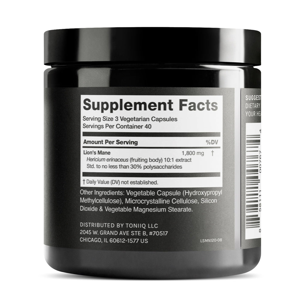 Toniiq Lion’s Mane polisacáridos 30% para posible apoyo cognitivo.
