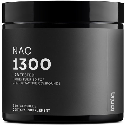 Toniiq NAC botella con dosis de 1300 mg para soporte antioxidante diario.