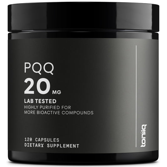 Toniiq PQQ en bote, cápsulas fáciles de tomar para uso diario.