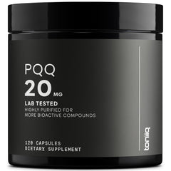 Toniiq PQQ en bote, cápsulas fáciles de tomar para uso diario.