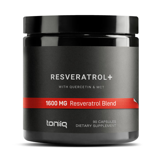 Toniiq Resveratrol 1600 mg, botella frontal para uso diario y bienestar