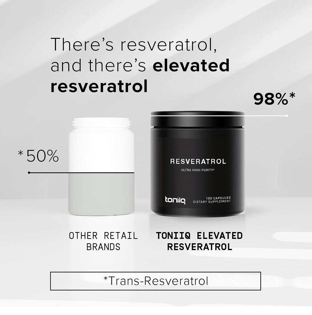 Toniiq Resveratrol empaque USA, fabricación conforme a estándares de calidad.