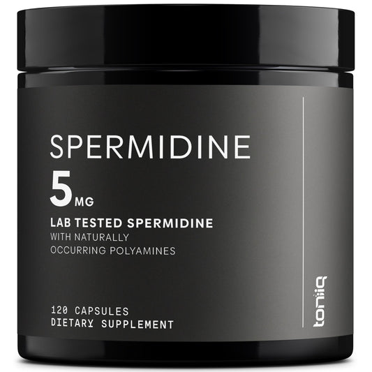 Toniiq Spermidine bottle top—premium packaging for a high-concentration daily supplement.