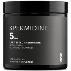 Toniiq Spermidine bottle top—premium packaging for a high-concentration daily supplement.