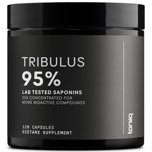 Toniiq Tribulus Terrestris cápsulas en frasco, alta potencia para uso diario.
