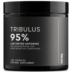 Toniiq Tribulus Terrestris cápsulas en frasco, alta potencia para uso diario.