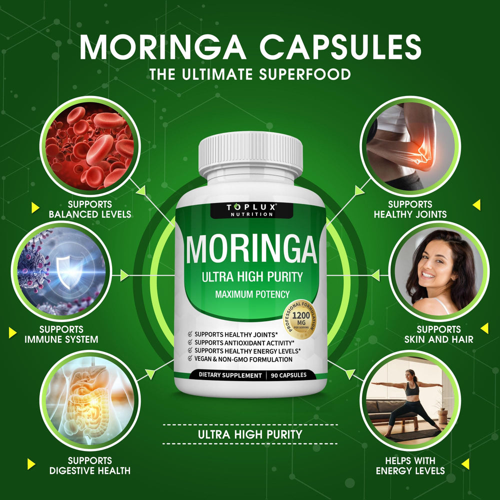 Capsulas Toplux Moringa en la palma de la mano, fácil de tomar y llevar a cualquier parte