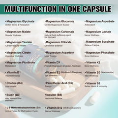 Totaria 25‑en‑1 complejo de magnesio, sin aditivos artificiales, fórmula limpia.