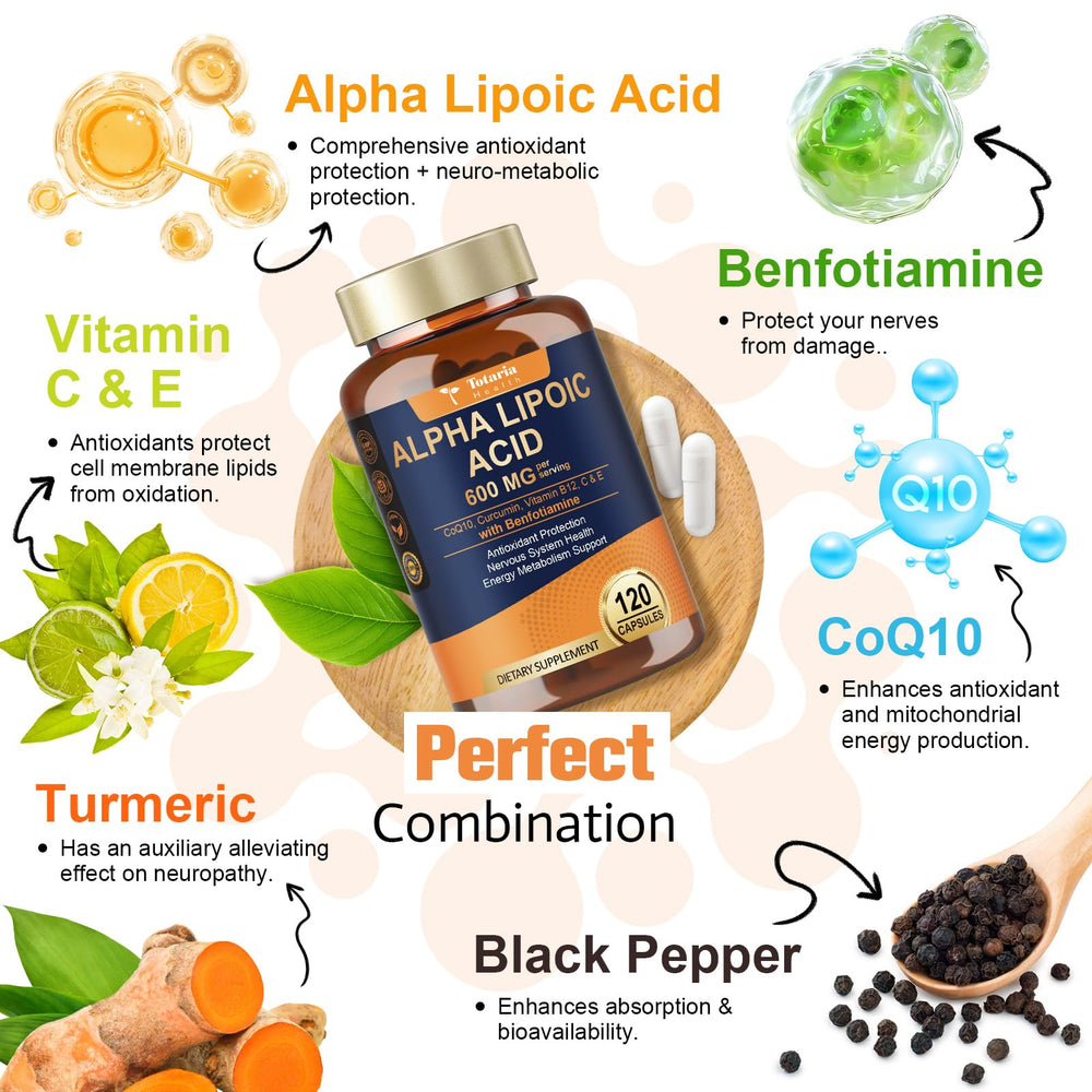 Totaria botella cápsulas alfa lipoico 600 mg, entrega diaria práctica.