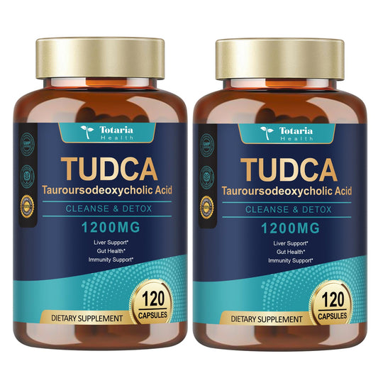 Totaria Tudca 1200mg, botella visible, apoyo potencial para la salud hepática.