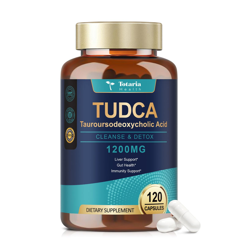 Totaria TUDCA 1200 mg, botella, señalando la calidad y pureza del producto