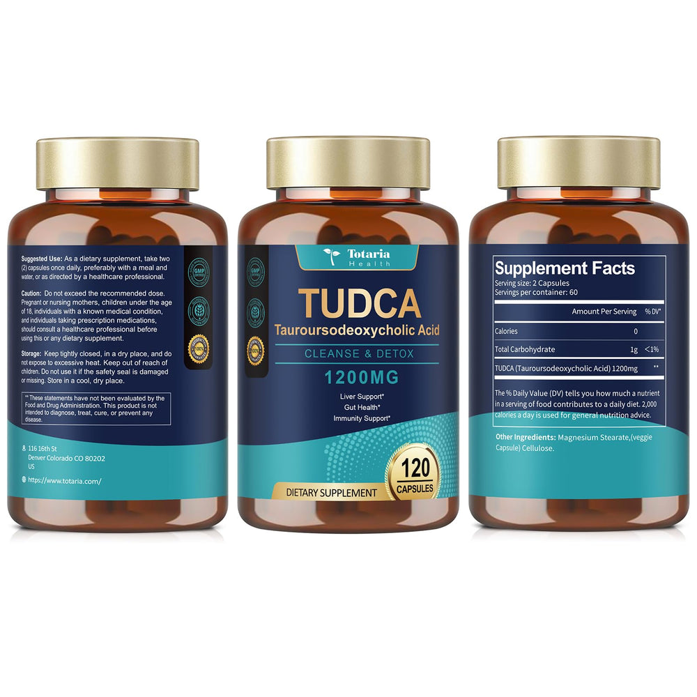 Totaria Tudca 1200mg, cápsulas, forma fácil de tomar con agua.