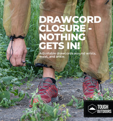 Tough Outdoors cordones ajustables en muñecas y tobillos brindando cierre seguro contra insectos