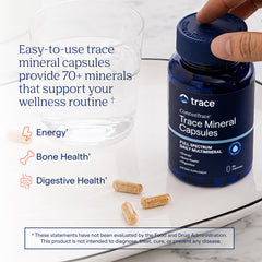 Trace Minerals primer plano de cápsulas vegetales mostrando textura y pureza