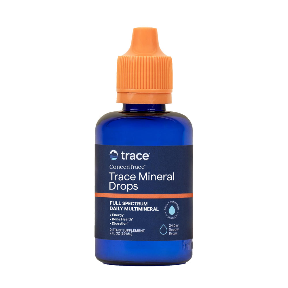 Trace Minerals frasco ConcenTrace frente y etiqueta clara, fácil identificación